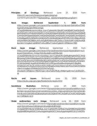20 NegOr_Q1_Earth and LifeSci11_SLKWeek6_v2
Principles of Geology. Retrieved June 27, 2020 from
https://i1.wp.com/timescavengers.blog/wp
content/uploads/2017/02/bedding- relationshipsletters.png?ssl=1
Rock image. Retrieved September 1, 2020 from
https://www.google.com/search?q=rock&tbm=isch&ved=2ahUKEwi77ND
HgsfrAhUN3pQKHfWEC6YQ2-
cCegQIABAA&oq=rock&gs_lcp=CgNpbWcQAzIECAAQQzIKCAAQsQMQ
gwEQQzIHCAAQsQMQQzIKCAAQsQMQgwEQQzIKCAAQsQMQgwEQQzIK
CAAQsQMQgwEQQzIHCAAQsQMQQzIECAAQQzIECAAQQzIECAAQQzoC
CAA6BggAEAUQHjoECAAQGDoFCAAQsQNQjrwKWPrWCmDn3QpoAHAA
eASAAfIBiAGlEZIBBjAuMTIuM5gBAKABAaoBC2d3cy13aXotaW1nsAEAwAEB
&sclient=img&ei=qMBNX7v4Ao280wT1ia6wCg&bih=590&biw=985
Rock layer image. Retrieved September 1, 2020 from
https://www.google.com/search?q=sedimentary+rocks+layers&tbm=isch
&ved=2ahUKEwiJ_fm5gcfrAhXjw4sBHcqWD8wQ2-
cCegQIABAA&oq=rocks+layer&gs_lcp=CgNpbWcQARgBMgIIADIGCAAQ
BRAeMgYIABAFEB4yBggAEAUQHjIGCAAQBRAeMgYIABAIEB4yBggAEAgQH
jIGCAAQCBAeMgYIABAIEB4yBggAEAgQHjoHCAAQsQMQQzoECAAQQzo
FCAAQsQM6CAgAELEDEIMBUITnD1jI7RFgwoISaABwAHgAgAG-B4gB4i-
SAQ0xLjUuNC4yLjEuMS4zmAEAoAEBqgELZ3dzLXdpei1pbWewAQDAAQE&s
client=img&ei=fr9NX4nGOOOHr7wPyq2-
4Aw&bih=590&biw=985#imgrc=xKuPqDGPBJB_HM&imgdii=isw1aU3K65EY_
M
Rocks and Layers. Retrieved June 22, 2020 from
https://pubs.usgs.gov/gip/fossils/rocks-layers.html
Sandstone illustration. Retrieve June 27, 2020 from
https://www.google.com/search?q=sand+become+sandstone&tbm=isch
&chips=q:sand+become+sandstone,online_chips:sandstone+formation&h
l=en&ved=2ahUKEwjD2KexiafqAhUEU5QKHfYWCAsQ4lYoCHoECAEQHg&b
iw=1349&bih=613
Shale sedimentary rock image. Retrieved June 22, 2020 from
https://www.google.com/search?q=shale+sedimentary+rock&tbm=isch&
ved=2ahUKEwiwxYz82qHqAhWyxIsBHUKrBFMQ2-
cCegQIABAA&oq=shale&gs_lcp=CgNpbWcQARgCMgQIABBDMgQIABBD
MgQIABBDMgIIADICCAAyAggAMgIIADICCAAyAggAMgIIAFCiS1jYVWDPb
 