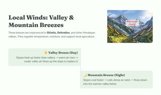 Local Winds: Valley &
Mountain Breezes
These breezes are experienced in Shimla, Dehradun, and other Himalayan
valleys. They regulate temperature, moisture, and support local agriculture.
☀️Valley Breeze (Day)
Slopes heat up faster than valleys →warm air rises →
cooler valley air flows up the slope to replace it
🌙Mountain Breeze (Night)
Slopes cool faster →cold, dense air sinks →flows down
into the warmer valley below
 