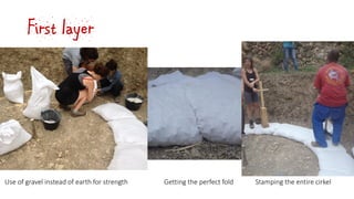 First layer
Use of gravel instead of earth for strength Getting the perfect fold Stamping the entire cirkel
 