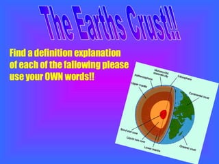 Find a definition explanation of each of the fallowing please use your OWN words!! The Earths Crust!! 