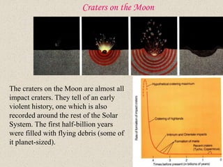 Craters on the Moon
The craters on the Moon are almost all
impact craters. They tell of an early
violent history, one which is also
recorded around the rest of the Solar
System. The first half-billion years
were filled with flying debris (some of
it planet-sized).
 