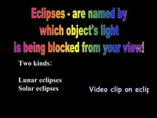 Two kinds: Lunar eclipses Solar eclipses Video clip on eclipses 
