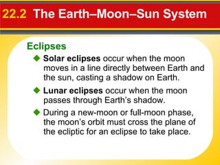 22.2  The Earth–Moon–Sun System    Solar eclipses  occur when the moon moves in a line directly between Earth and the sun, casting a shadow on Earth.    During a new-moon or full-moon phase, the moon’s orbit must cross the plane of the ecliptic for an eclipse to take place.    Lunar eclipses  occur when the moon passes through Earth’s shadow. Eclipses 