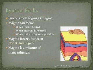  Igneous rock begins as magma.
 Magma can form:
 When rock is heated
 When pressure is released
 When rock changes composition
 Magma freezes between
700 °C and 1,250 °C
 Magma is a mixture of
many minerals
http://www.fi.edu/fellows/payton/rocks/create/igneous.htm
 