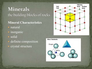 Mineral Characteristics
 natural
 inorganic
 solid
 definite composition
 crystal structure
 