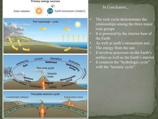 • The rock cycle demonstrates the
relationships among the three major
rock groups
• It is powered by the interior heat of
the Earth
• As well as earth’s momentum and…
• The energy from the sun
• It involves processes on the Earth’s
surface as well as the Earth’s interior
• It connects the “hydrologic cycle”
with the “tectonic cycle”.
In Conclusion…
 