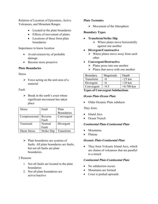 Relation of Location of Epicenters, Active
Volcanoes, and Mountain Ranges
 Located at the plate boundaries
 Effects of movement of plates
 Locations of these form plate
boundaries
Importance to know location
 Avoid extensivity of probable
damage
 Become more proactive
Plate Boundaries
Stress
 Force acting on the unit area of a
material
Fault
 Break in the earth’s crust where
significant movement has taken
place
Stress Fault Plate
Boundaries
Compressional Reverse
Fault
Convergent
Tensional Normal
Fault
Divergent
Shear Stress Strike Slip Transform
 Plate boundaries are systems of
faults. All plate boundaries are faults,
but not all faults are plate
boundaries.
2 Reasons
1. Not all faults are located in the plate
boundaries
2. Not all plate boundaries are
active/inactive
Plate Tectonics
 Movement of the lithosphere
Boundary Types
 Transform/Strike Slip
 Where plates move horizontally
against one another
 Divergent/Constructive
 Where plates move away from each
other
 Convergent/Destructive
 Plates press into one another
 Plates that move with one another
Boundary Magnitude Depth
Transform <8 <25 km
Divergent <6 <10 km
Convergent <9.5 <0-700 km
Types of Convergent Subductions
Ocean Plate-Ocean Plate
 Older Oceanic Plate subducts
They form:
 Island Arcs
 Ocean Trench
Continental Plate-Continental Plate
 Mountains
 Plateau
Oceanic Plate-Continental Plate
 They form Volcanic Island Arcs, which
are chains of volcanoes that are parallel
to a trench
Continental Plate-Continental Plate
 No subduction occurs
 Mountains are formed
 Crust is pushed upwards
 