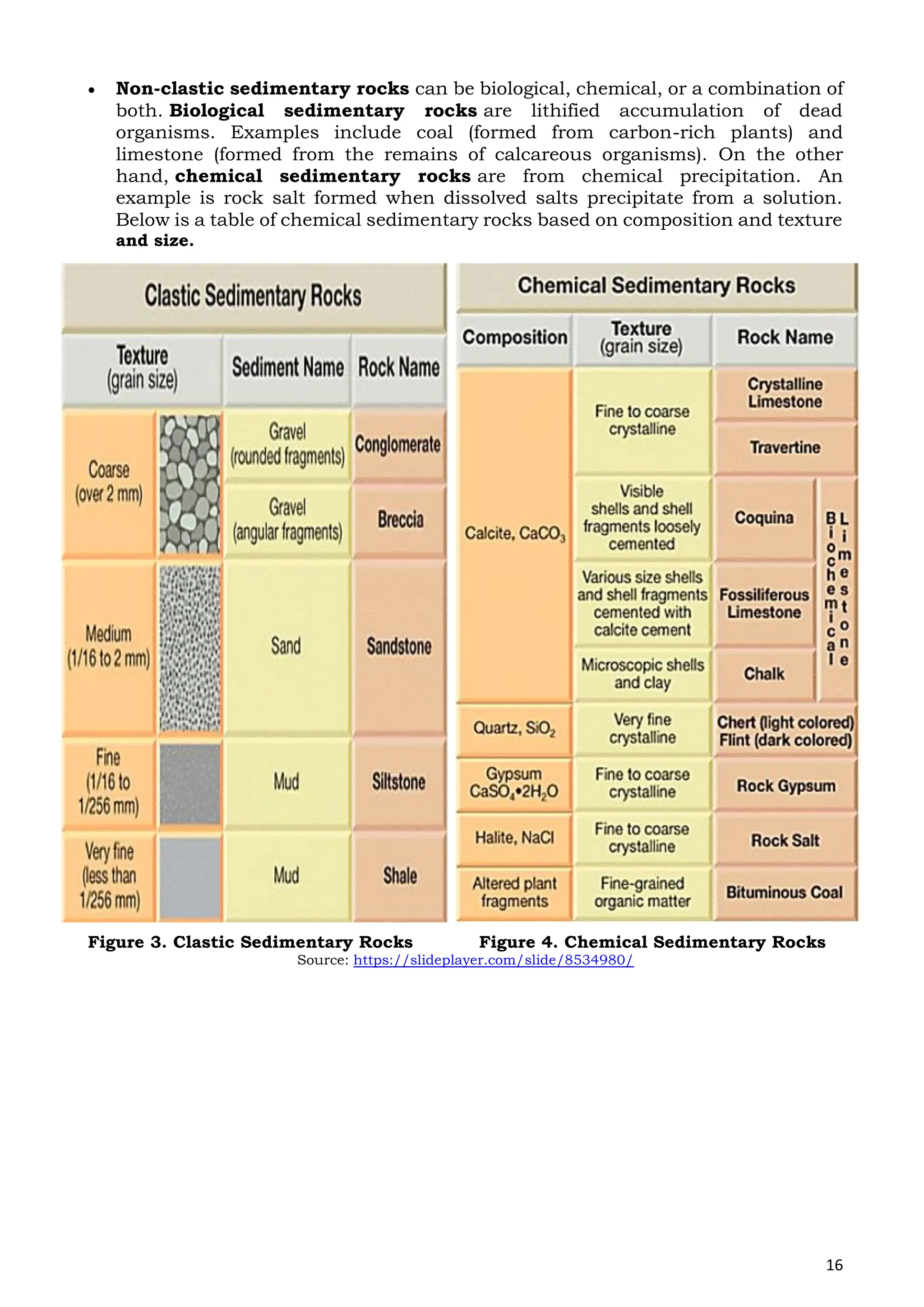 16
 Non-clastic sedimentary rocks can be biological, chemical, or a combination of
both. Biological sedimentary rocks are lithified accumulation of dead
organisms. Examples include coal (formed from carbon-rich plants) and
limestone (formed from the remains of calcareous organisms). On the other
hand, chemical sedimentary rocks are from chemical precipitation. An
example is rock salt formed when dissolved salts precipitate from a solution.
Below is a table of chemical sedimentary rocks based on composition and texture
and size.
Figure 3. Clastic Sedimentary Rocks Figure 4. Chemical Sedimentary Rocks
Source: https://slideplayer.com/slide/8534980/
 
