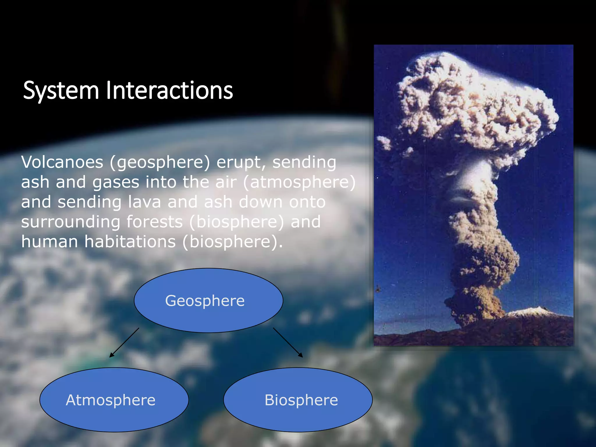System Interactions
Volcanoes (geosphere) erupt, sending
ash and gases into the air (atmosphere)
and sending lava and ash down onto
surrounding forests (biosphere) and
human habitations (biosphere).
Geosphere
Atmosphere Biosphere
 