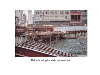 Raker bracing for wide excavations 