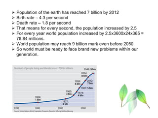  Population of the earth has reached 7 billion by 2012
 Birth rate – 4.3 per second
 Death rate – 1.8 per second
 That means for every second, the population increased by 2.5
 For every year world population increased by 2.5x3600x24x365 =
78.84 millions.
 World population may reach 9 billion mark even before 2050.
 So world must be ready to face brand new problems within our
generation.
 