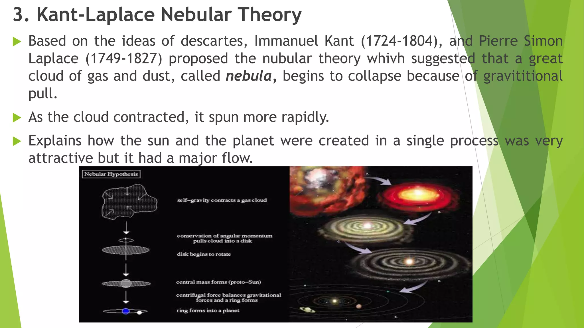 3. Kant-Laplace Nebular Theory
 Based on the ideas of descartes, Immanuel Kant (1724-1804), and Pierre Simon
Laplace (1749-1827) proposed the nubular theory whivh suggested that a great
cloud of gas and dust, called nebula, begins to collapse because of gravititional
pull.
 As the cloud contracted, it spun more rapidly.
 Explains how the sun and the planet were created in a single process was very
attractive but it had a major flow.
 