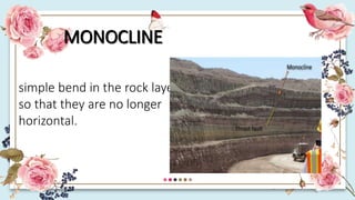 40%
30%
20%
10%
MONOCLINE
simple bend in the rock layers
so that they are no longer
horizontal.
 