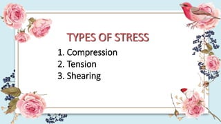 TYPES OF STRESS
1. Compression
2. Tension
3. Shearing
 