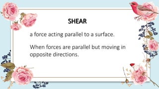 SHEAR
a force acting parallel to a surface.
When forces are parallel but moving in
opposite directions.
 