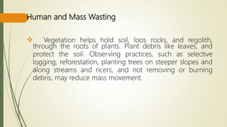 Human and Mass Wasting
 Vegetation helps hold soil, loos rocks, and regolith,
through the roots of plants. Plant debris like leaves, and
protect the soil. Observing practices, such as selective
logging, reforestation, planting trees on steeper slopes and
along streams and ricers, and not removing or burning
debris, may reduce mass movement.
 