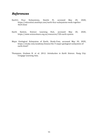 11
References
Earth’s Four Subsystems, Seattle Pi, accessed May 29, 2020,
https://education.seattlepi.com/earth-four-subsystems-work-together-
4634.html
Earth System, Science Learning Hub, accessed May 30, 2020,
https://www.sciencelearn.org.nz/resources/720-earth-system
Major Geological Subsystem of Earth, Study.Com, accessed May 30, 2020,
https://study.com/academy/lesson/the-4-major-geological-subsystem-of-
earth.html?
Thompson, Graham R. et al. 2012. Introduction to Earth Science. Pasig City:
Cengage Learning Asia.
 