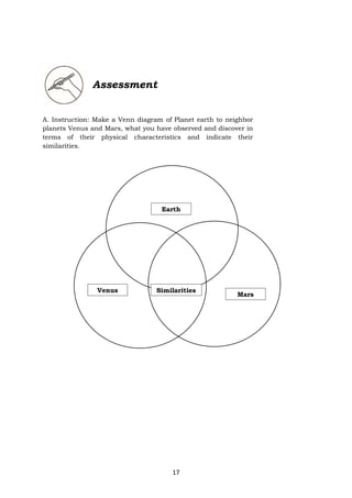 17
Assessment
A. Instruction: Make a Venn diagram of Planet earth to neighbor
planets Venus and Mars, what you have observed and discover in
terms of their physical characteristics and indicate their
similarities.
Venus
Mars
Similarities
Earth
 