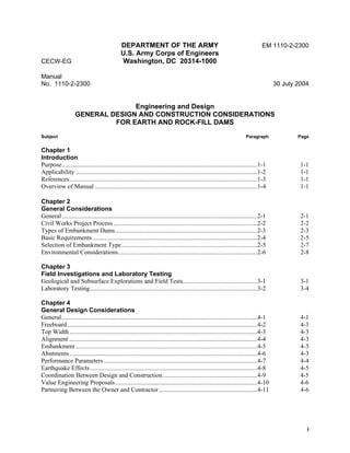 i
DEPARTMENT OF THE ARMY EM 1110-2-2300
U.S. Army Corps of Engineers
CECW-EG Washington, DC 20314-1000
Manual
No. 1110-2-2300 30 July 2004
Engineering and Design
GENERAL DESIGN AND CONSTRUCTION CONSIDERATIONS
FOR EARTH AND ROCK-FILL DAMS
Subject Paragraph Page
Chapter 1
Introduction
Purpose............................................................................................................................1-1 1-1
Applicability ...................................................................................................................1-2 1-1
References.......................................................................................................................1-3 1-1
Overview of Manual .......................................................................................................1-4 1-1
Chapter 2
General Considerations
General............................................................................................................................2-1 2-1
Civil Works Project Process ...........................................................................................2-2 2-2
Types of Embankment Dams..........................................................................................2-3 2-3
Basic Requirements ........................................................................................................2-4 2-5
Selection of Embankment Type......................................................................................2-5 2-7
Environmental Considerations........................................................................................2-6 2-8
Chapter 3
Field Investigations and Laboratory Testing
Geological and Subsurface Explorations and Field Tests...............................................3-1 3-1
Laboratory Testing..........................................................................................................3-2 3-4
Chapter 4
General Design Considerations
General............................................................................................................................4-1 4-1
Freeboard ........................................................................................................................4-2 4-3
Top Width.......................................................................................................................4-3 4-3
Alignment .......................................................................................................................4-4 4-3
Embankment ...................................................................................................................4-5 4-3
Abutments.......................................................................................................................4-6 4-3
Performance Parameters .................................................................................................4-7 4-4
Earthquake Effects..........................................................................................................4-8 4-5
Coordination Between Design and Construction............................................................4-9 4-5
Value Engineering Proposals..........................................................................................4-10 4-6
Partnering Between the Owner and Contractor ..............................................................4-11 4-6
 