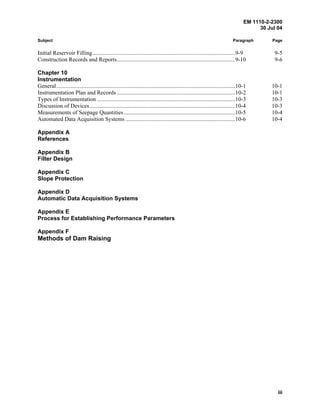 EM 1110-2-2300
30 Jul 04
iii
Subject Paragraph Page
Initial Reservoir Filling...................................................................................................9-9 9-5
Construction Records and Reports..................................................................................9-10 9-6
Chapter 10
Instrumentation
General............................................................................................................................10-1 10-1
Instrumentation Plan and Records ..................................................................................10-2 10-1
Types of Instrumentation ................................................................................................10-3 10-3
Discussion of Devices.....................................................................................................10-4 10-3
Measurements of Seepage Quantities .............................................................................10-5 10-4
Automated Data Acquisition Systems ............................................................................10-6 10-4
Appendix A
References
Appendix B
Filter Design
Appendix C
Slope Protection
Appendix D
Automatic Data Acquisition Systems
Appendix E
Process for Establishing Performance Parameters
Appendix F
Methods of Dam Raising
 