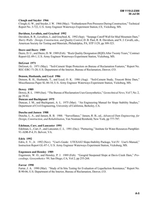 EM 1110-2-2300
30 Jul 04
A-5
Clough and Snyder 1966
Clough, G. W., and Snyder, J. W. 1966 (May). “Embankment Pore Pressures During Construction,” Technical
Report No. 3-722, U.S. Army Engineer Waterways Experiment Station, CE, Vicksburg, MS.
Davidson, Levallois, and Graybeal 1992
Davidson, R. R., Levallois, J., and Graybeal, K. 1992 (Sep). “Seepage Cutoff Wall for Mud Mountain Dam,”
Slurry Walls: Design, Construction, and Quality Control, D. B. Paul, R. R. Davidson, and N. J. Cavalli, eds.,
American Society for Testing and Materials, Philadelphia, PA, STP 1129, pp 309-323.
Deere and Deere 1989
Deere, D. U., and Deere, D. W. 1989 (Feb). “Rock Quality Designation (RQD) After Twenty Years,” Contract
Report GL-89-1, U.S. Army Engineer Waterways Experiment Station, Vicksburg, MS.
DeGroot 1971
DeGroot, G. 1971 (May). “Soil-Cement Slope Protection on Bureau of Reclamation Features,” Report No.
REC-ERC-71-20, U.S. Department of the Interior, Bureau of Reclamation, Denver, CO.
Denson, Husbands, and Loyd 1986
Denson, R. H., Husbands, T., and Loyd, O. K. 1986 (Aug). “Soil-Cement Study, Truscott Brine Dam,”
Miscellaneous Paper SL-86-10, U.S. Army Engineer Waterways Experiment Station, Vicksburg, MS.
Dewey 1989
Dewey, R. L. 1989 (Jun). “The Bureau of Reclamation Uses Geosynthetics,” Geotechnical News, Vol 7, No. 2,
pp 39-42.
Duncan and Buchignani 1975
Duncan, J. M., and Buchignani, A. L. 1975 (Mar). “An Engineering Manual for Slope Stability Studies,”
Department of Civil Engineering, University of California, Berkeley, CA.
Duscha and Jansen 1988
Duscha, L. A., and Jansen, R. B. 1988. “Surveillance,” Jansen, R. B., ed., Advanced Dam Engineering, for
Design, Construction, and Rehabilitation, Van Nostrand Reinhold, New York, pp 777-797.
Edelman, Carr, and Lancaster 1991
Edelman, L., Carr, F., and Lancaster, C. L. 1991 (Dec). “Partnering,” Institute for Water Resources Pamphlet-
91-ADR-P-4, Ft. Belvoir, VA.
Edris 1992
Edris, E. V., Jr. 1992 (Nov). “User's Guide: UTEXAS3 Slope-Stability Package, Vol IV: User's Manual,”
Instruction Report GL-87-1, U.S. Army Engineer Waterways Experiment Station, Vicksburg, MS.
Engemoen and Hensley 1989
Engemoen, W. O., and Hensley, P. J. 1989 (Feb). “Geogrid Steepened Slope at Davis Creek Dam,” Pro-
ceedings, Geosynthetics '89, San Diego, CA, Vol 2, pp 255-268.
Farrar 1990
Farrar, J. A. 1990 (Mar). “Study of In Situ Testing for Evaluation of Liquefaction Resistance,” Report No.
R-90-06, U.S. Department of the Interior, Bureau of Reclamation, Denver, CO.
 