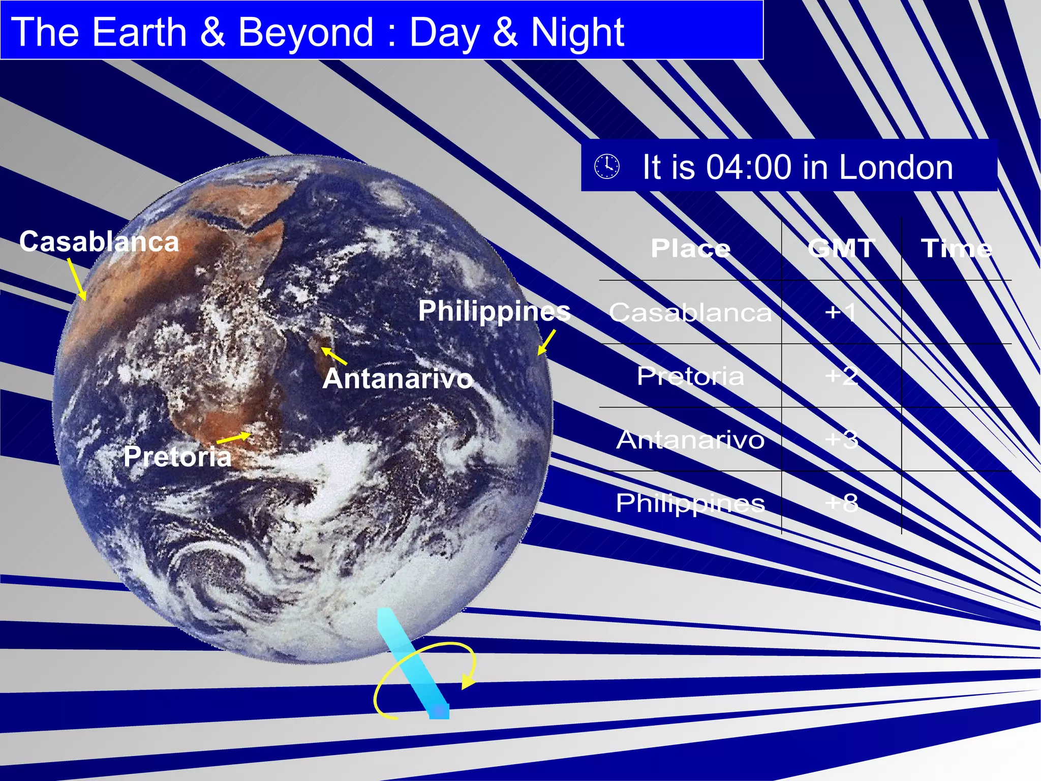 Casablanca Philippines Antanarivo Pretoria    It is 04:00 in London The Earth & Beyond : Day & Night  