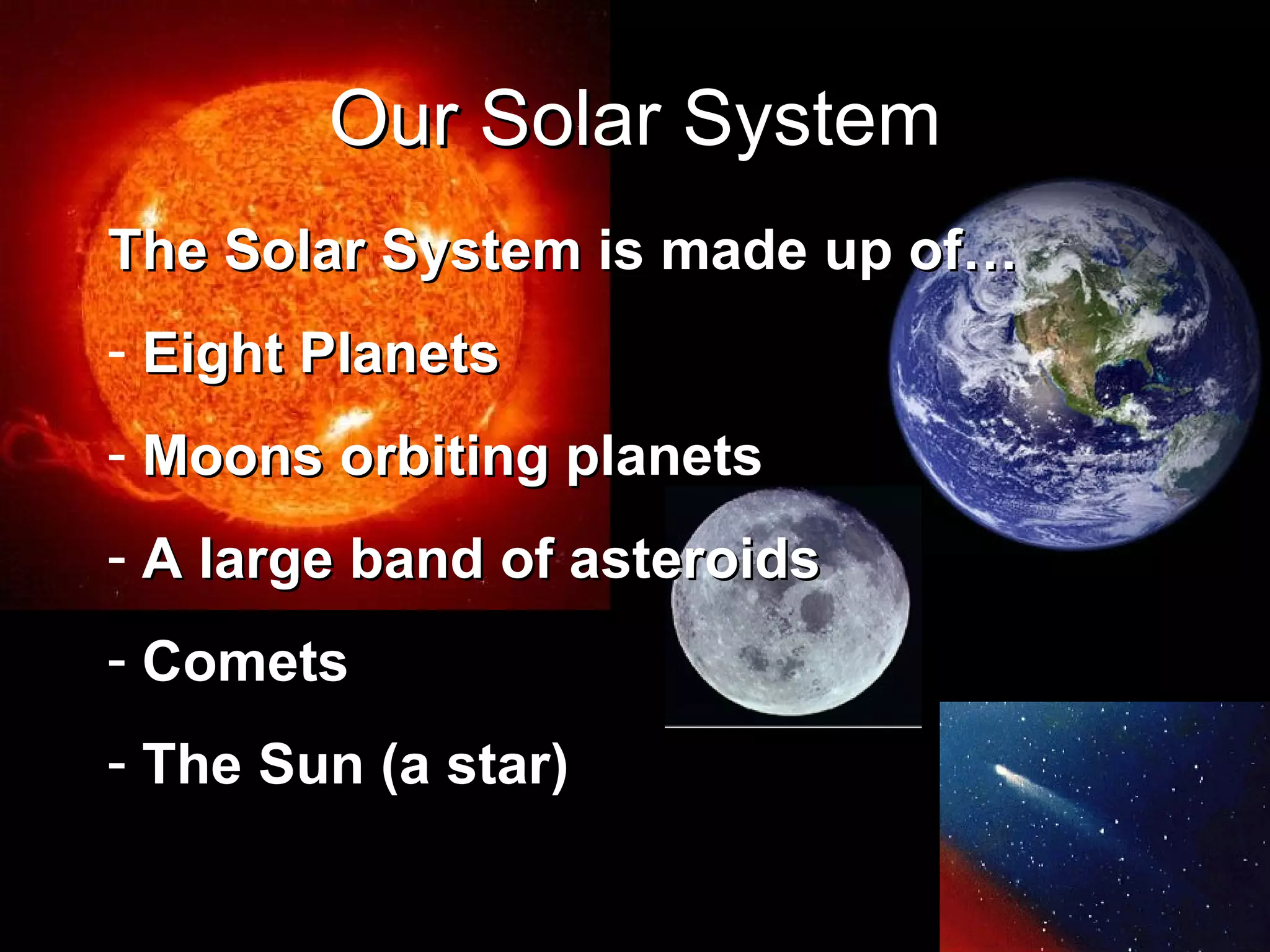 Our Solar System The Solar System is made up of… Eight Planets Moons orbiting planets A large band of asteroids Comets The Sun (a star) 