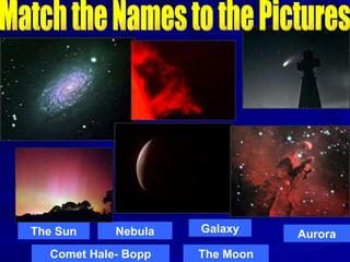 Galaxy The Moon Nebula The Sun Aurora Match the Names to the Pictures Comet Hale- Bopp 