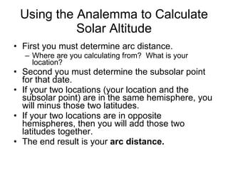 Using the Analemma to Calculate Solar Altitude First you must determine arc distance. Where are you calculating from?  What is your location? Second you must determine the subsolar point for that date. If your two locations (your location and the subsolar point) are in the same hemisphere, you will minus those two latitudes. If your two locations are in opposite hemispheres, then you will add those two latitudes together. The end result is your  arc distance. 