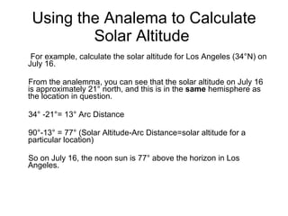Using the Analema to Calculate Solar Altitude  For example, calculate the solar altitude for Los Angeles (34°N) on July 16. From the analemma, you can see that the solar altitude on July 16 is approximately 21° north, and this is in the  same  hemisphere as the location in question. 34° -21°= 13° Arc Distance 90°-13° = 77° (Solar Altitude-Arc Distance=solar altitude for a particular location) So on July 16, the noon sun is 77° above the horizon in Los Angeles. 