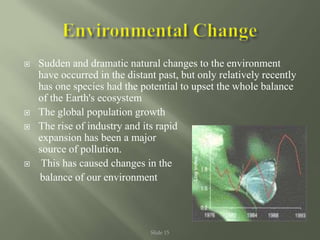 Slide 15
 Sudden and dramatic natural changes to the environment
have occurred in the distant past, but only relatively recently
has one species had the potential to upset the whole balance
of the Earth's ecosystem
 The global population growth
 The rise of industry and its rapid
expansion has been a major
source of pollution.
 This has caused changes in the
balance of our environment
 