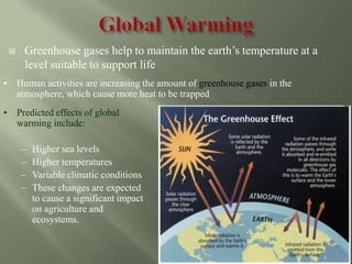 Slide 17
• Human activities are increasing the amount of greenhouse gases in the
atmosphere, which cause more heat to be trapped
• Predicted effects of global
warming include:
– Higher sea levels
– Higher temperatures
– Variable climatic conditions
– These changes are expected
to cause a significant impact
on agriculture and
ecosystems.
 Greenhouse gases help to maintain the earth’s temperature at a
level suitable to support life
 