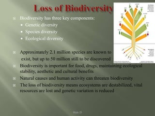 Slide 25
 Biodiversity has three key components:
 Genetic diversity
 Species diversity
 Ecological diversity
 Approximately 2.1 million species are known to
exist, but up to 50 million still to be discovered
 Biodiversity is important for food, drugs, maintaining ecological
stability, aesthetic and cultural benefits
 Natural causes and human activity can threaten biodiversity
 The loss of biodiversity means ecosystems are destabilized, vital
resources are lost and genetic variation is reduced
 