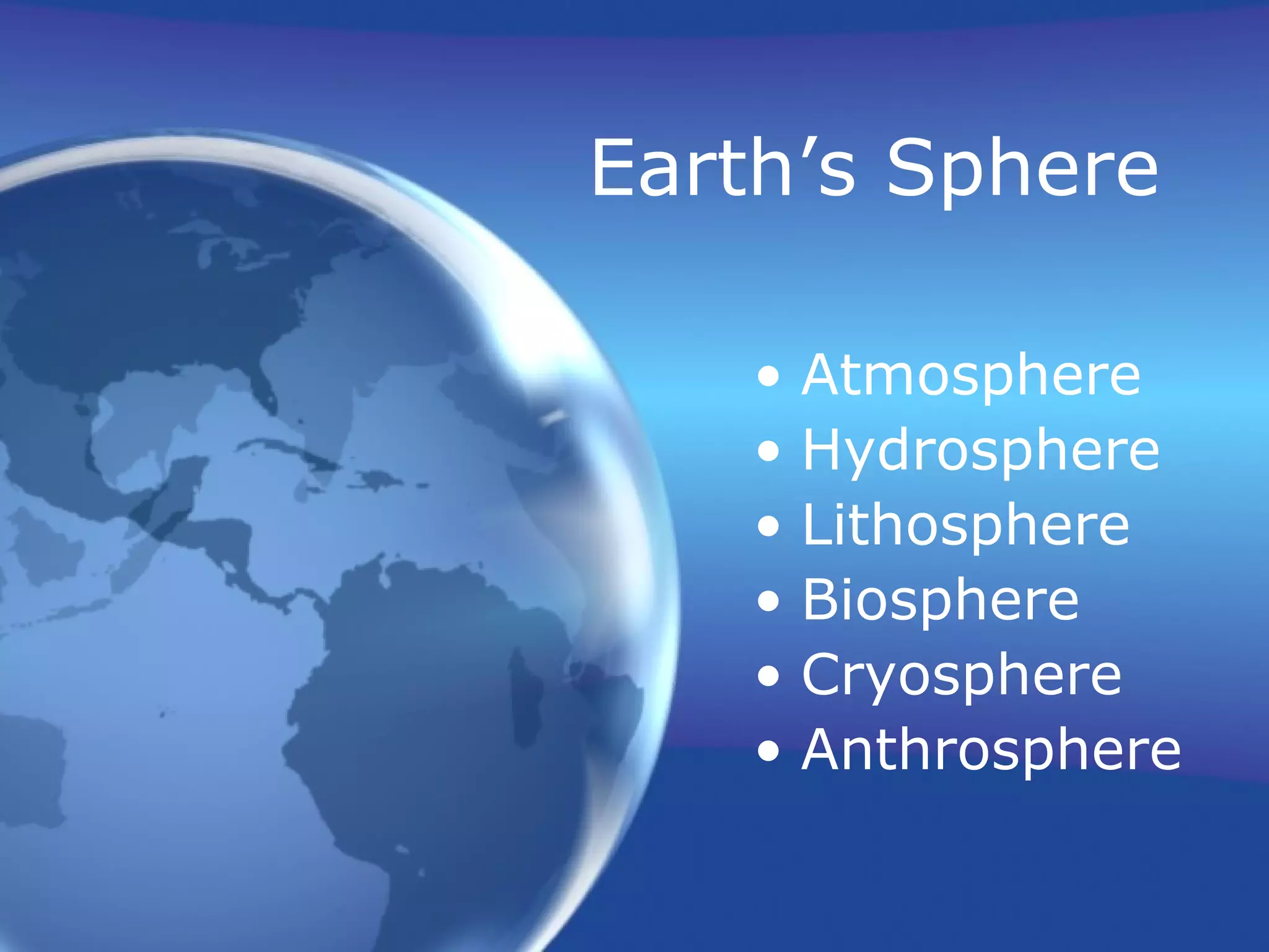 Earth’s Sphere
• Atmosphere
• Hydrosphere
• Lithosphere
• Biosphere
• Cryosphere
• Anthrosphere
 