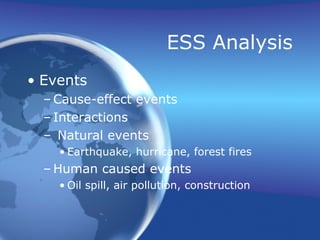 ESS Analysis
• Events
– Cause-effect events
– Interactions
– Natural events
• Earthquake, hurricane, forest fires
– Human caused events
• Oil spill, air pollution, construction
 