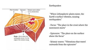 Earthquakes
"When Lithospheric plates move, the
Earth's surface vibrates, causing
earthquakes.”
- Focus: "The place in the crust where the
movement starts"
- Epicentre: "The place on the surface
above the focus"
- Seismic waves: "Vibrations that travel
outwards from the epicentre"
 