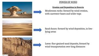 Mushroom rocks: formed by wind erosion,
with narrower bases and wider tops
Sand dunes: formed by wind deposition, in low-
lying areas
Loess: fine-grained sand deposits, formed by
wind transportation over long distances
POWER OF WIND
Erosion and Deposition in Deserts
 