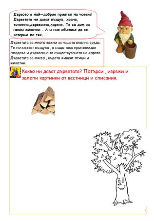 Дървото е най—добрия приятел на човека!
 Дърветата ни дават въздух, храна,
 топлина,дървесина,хартия. Те са дом за
 някои животни . А и ние обичаме да се
 катерим по тях.

Дърветата са много важни за нашата околна среда.
Те почистват въздуха , а също така произвеждат
плодове и дървесина за съществуването на хората.
Дърветата са място , където живеят птици и
животни.

      Какво ни дават дърветата? Потърси , изрежи и
      залепи картинки от вестници и списания.




                                                     7
 