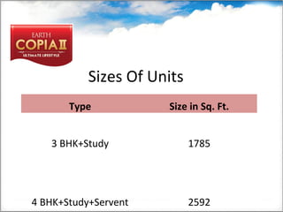 Sizes Of Units
Type   Size in Sq. Ft.
3 BHK+Study 1785
4 BHK+Study+Servent 2592
 