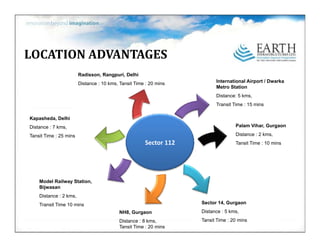 LOCATIONADVANTAGES
                        Radisson, Rangpuri, Delhi
                                ,    gp ,
                        Distance : 10 kms, Tansit Time : 20 mins         International Airport / Dwarka
                                                                         Metro Station
                                                                         Distance: 5 kms,
                                                                         Transit Time : 15 mins

Kapasheda, Delhi
Distance : 7 kms,                                                                 Palam Vihar, Gurgaon

Tansit Time : 25 mins                                                             Distance : 2 kms,
                                                      Sector112                  Tansit Time : 10 mins




    Model Railway Station,
    Bijwasan
    Distance : 2 kms,
    Transit Time 10 mins                                           Sector 14, Gurgaon
                                                                   S t 14 G
                                           NH8, Gurgaon            Distance : 5 kms,
                                           Distance : 8 kms,       Tansit Time : 20 mins
                                           Tansit Time : 20 mins
 