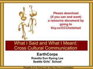EarthCorps
Rosetta Eun Ryong Lee
Seattle Girls’ School
What I Said and What I Meant:
Cross Cultural Communication
Rosetta Eun Ryong Lee (http://tiny.cc/rosettalee)
Please download
(if you can and want)
a resource document by
going to
tiny.cc/CCChotsheet
 