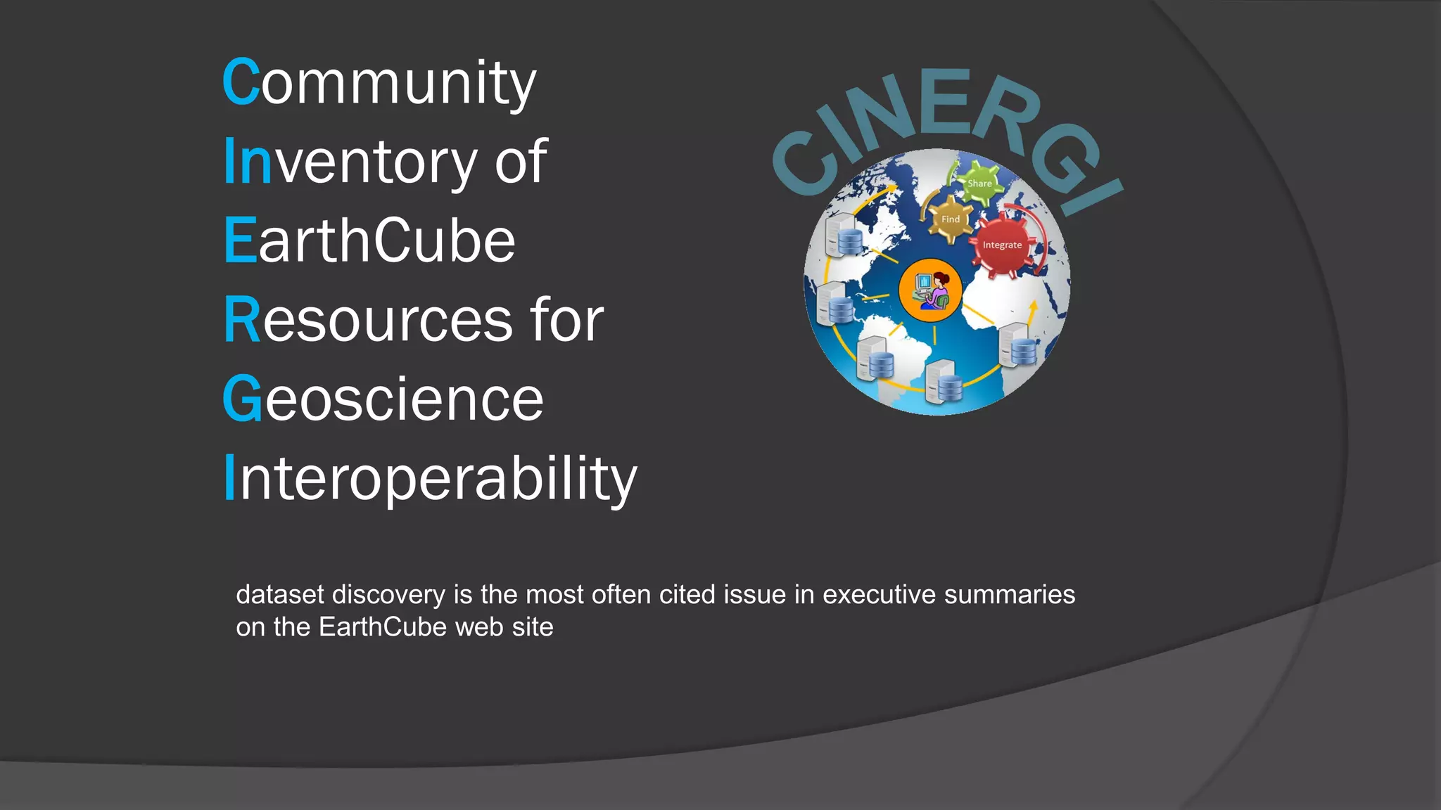 Community
Inventory of
EarthCube
Resources for
Geoscience
Interoperability
dataset discovery is the most often cited issue in executive summaries
on the EarthCube web site

 