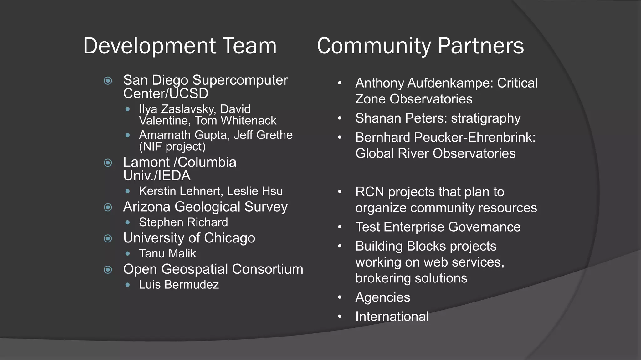 Development Team


San Diego Supercomputer
Center/UCSD
 Ilya Zaslavsky, David

Valentine, Tom Whitenack
 Amarnath Gupta, Jeff Grethe
(NIF project)


Lamont /Columbia
Univ./IEDA
 Kerstin Lehnert, Leslie Hsu



Arizona Geological Survey
 Stephen Richard



University of Chicago
 Tanu Malik



Open Geospatial Consortium
 Luis Bermudez

Community Partners
• Anthony Aufdenkampe: Critical
Zone Observatories
• Shanan Peters: stratigraphy
• Bernhard Peucker-Ehrenbrink:
Global River Observatories
• RCN projects that plan to
organize community resources
• Test Enterprise Governance
• Building Blocks projects
working on web services,
brokering solutions
• Agencies
• International

 