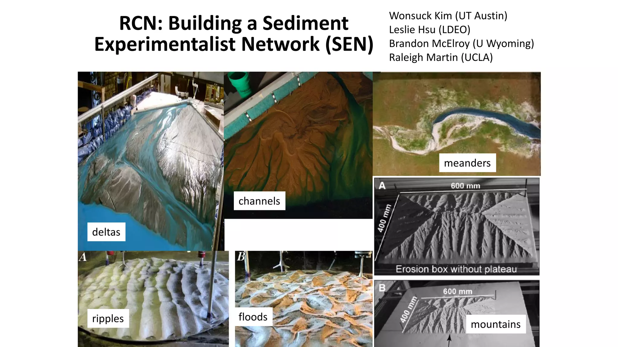 RCN: Building a Sediment
Experimentalist Network (SEN)

Wonsuck Kim (UT Austin)
Leslie Hsu (LDEO)
Brandon McElroy (U Wyoming)
Raleigh Martin (UCLA)

meanders
channels
deltas

ripples

floods

mountains

 