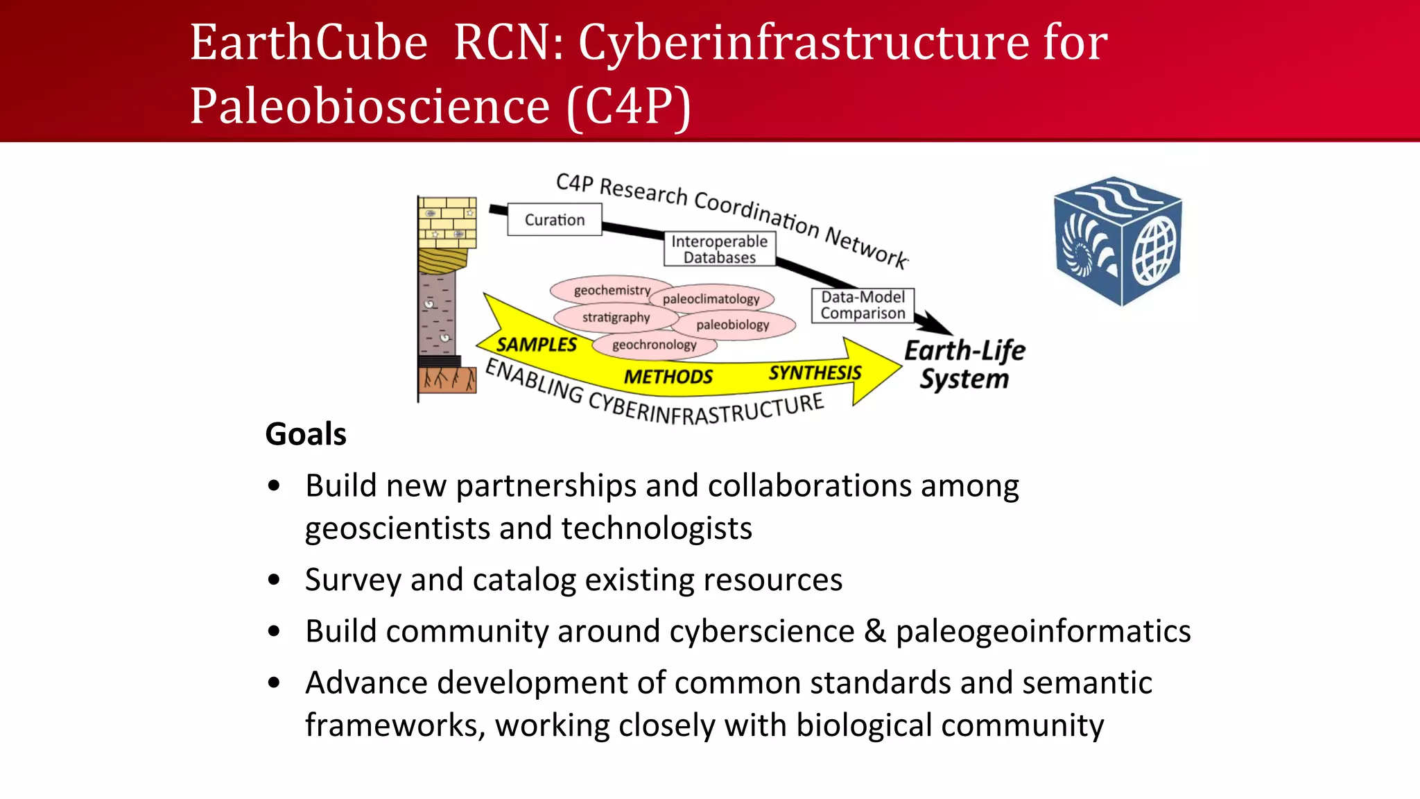 EarthCube RCN: Cyberinfrastructure for
Paleobioscience (C4P)

Goals
• Build new partnerships and collaborations among
geoscientists and technologists
• Survey and catalog existing resources
• Build community around cyberscience & paleogeoinformatics
• Advance development of common standards and semantic
frameworks, working closely with biological community

 