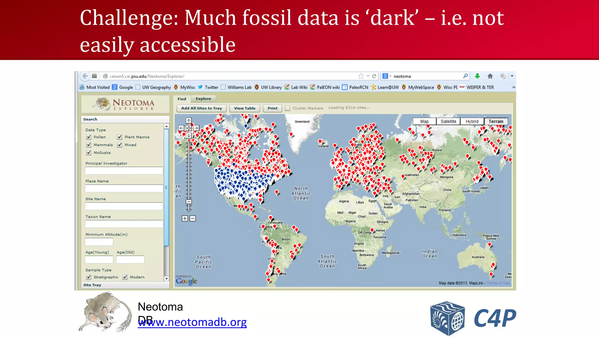 Challenge: Much fossil data is ‘dark’ – i.e. not
easily accessible

Neotoma
DB
www.neotomadb.org

C4P

 