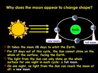 Earth
moon
Why does the moon appear to change shape?
 It takes the moon 28 days to orbit the Earth.
 For 27 days out of ...