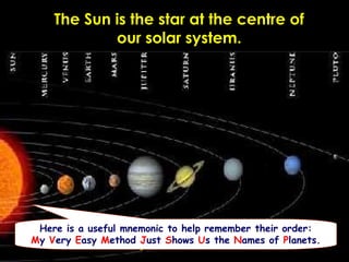The Sun is the star at the centre of
our solar system.
The nine planets orbit the sun.
Here is a useful mnemonic to help r...