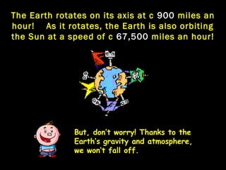 The Earth rotates on its axis at c 900 miles an
hour! As it rotates, the Earth is also orbiting
the Sun at a speed of c 67...
