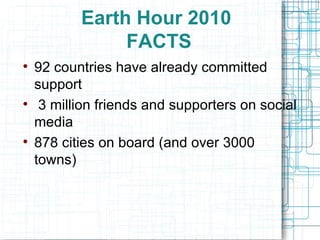 Earth Hour 2010  FACTS 92 countries have already committed support 3 million friends and supporters on social media  878 cities on board (and over 3000 towns) 